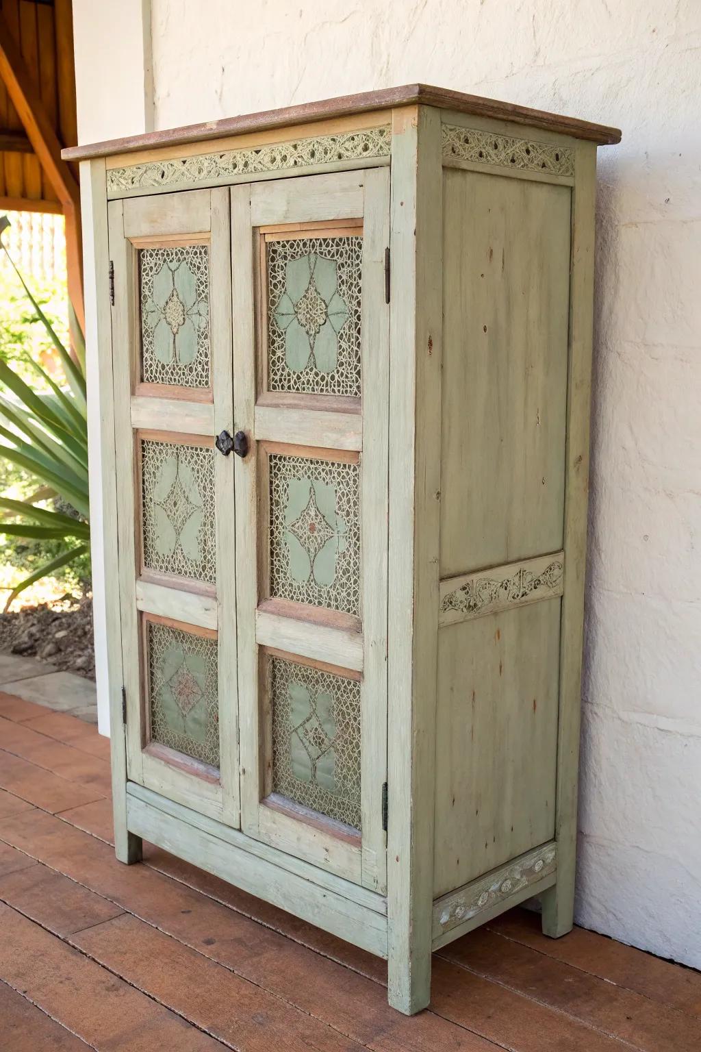 A soft sage paint wash highlights pie safe details while keeping the wood’s vintage charm.