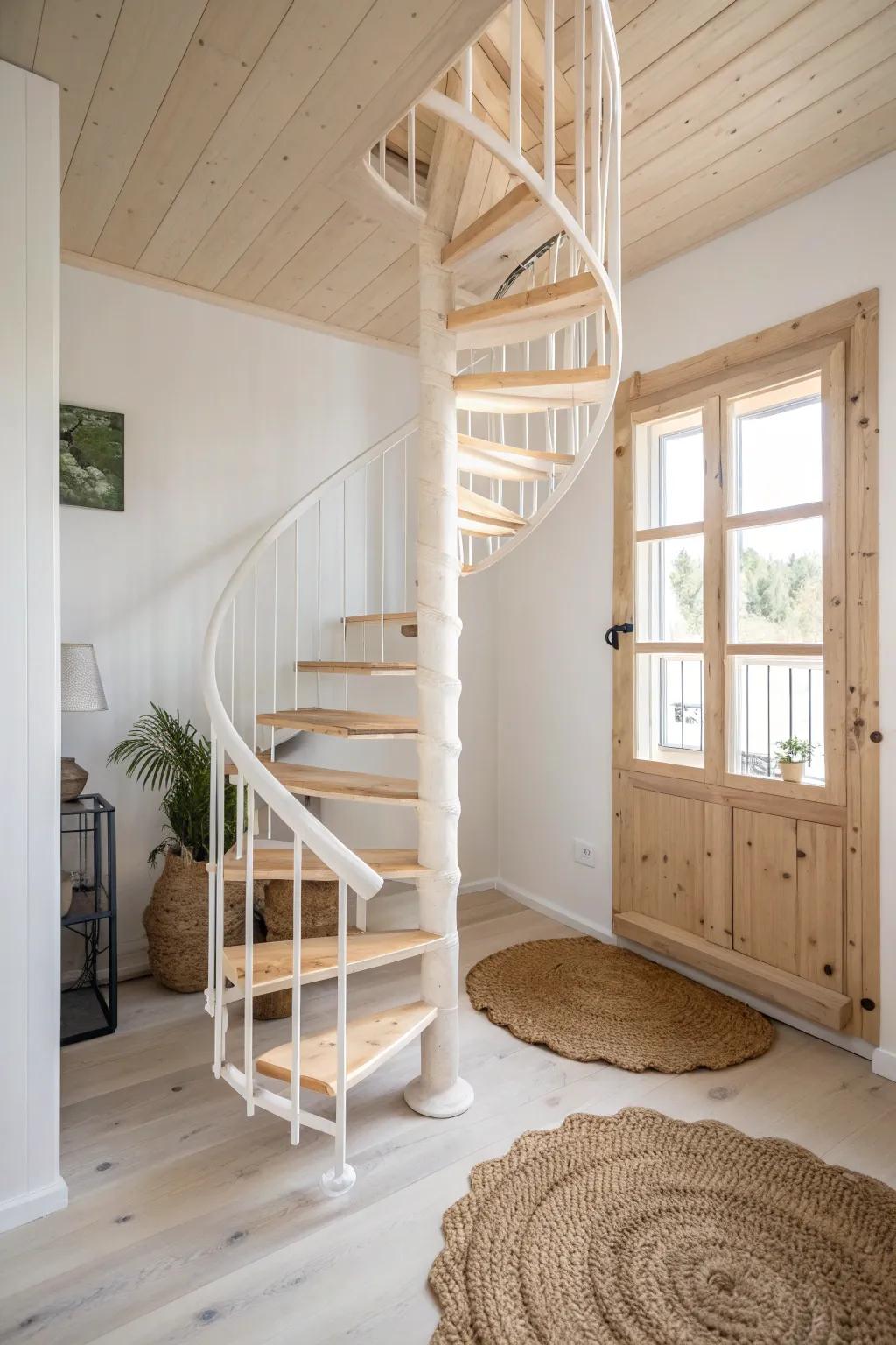 Light pine spiral staircase that saves space and adds a handcrafted Scandinavian statement.