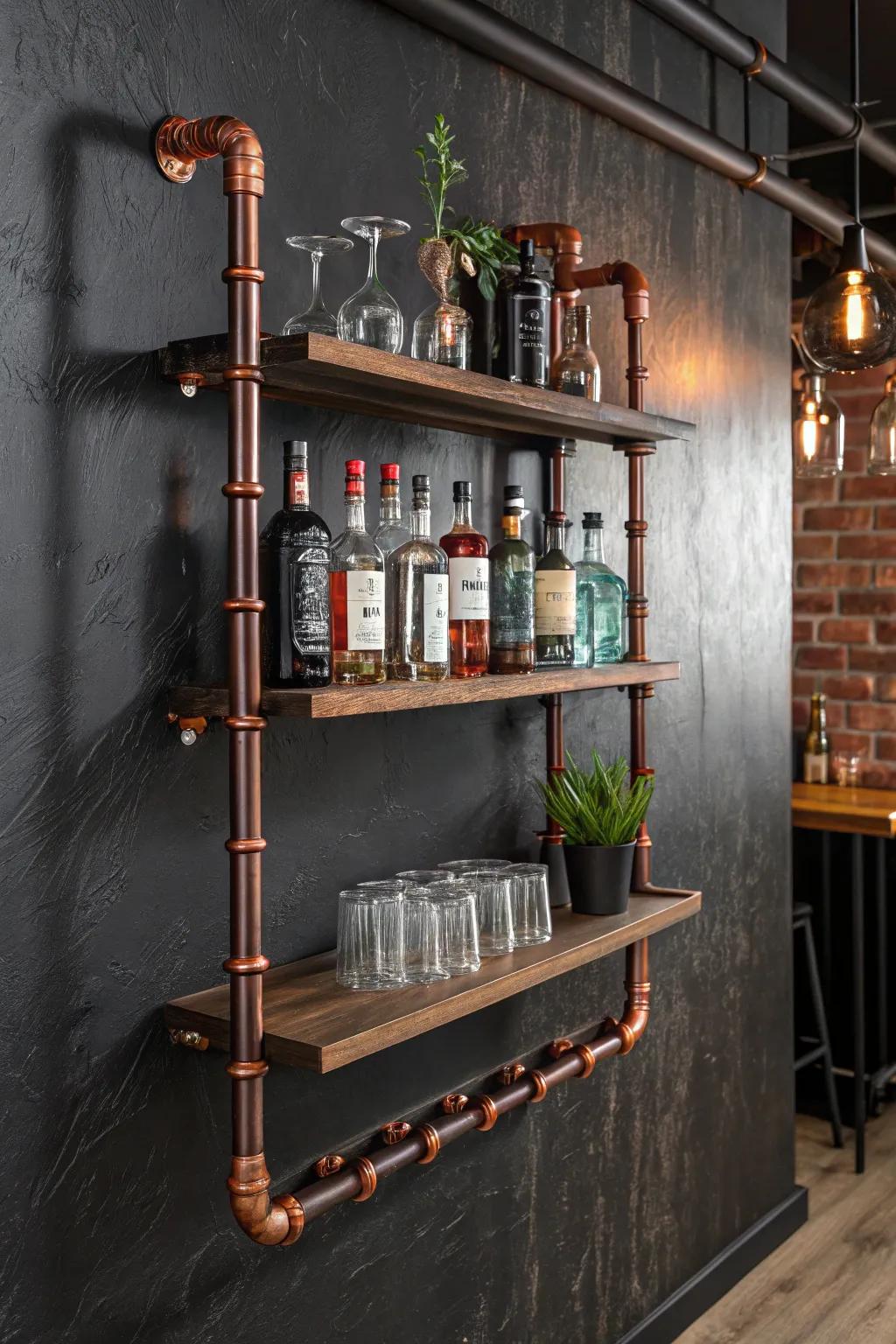 Elevate your entertaining space with a bold, handcrafted pipe shelf that showcases your favorite spirits in style.