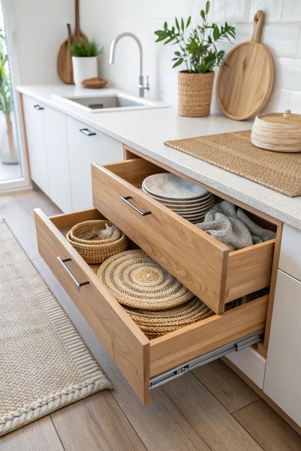 Elevate your kitchen organization with minimalist elegance: Discover the beauty of under-bench storage.