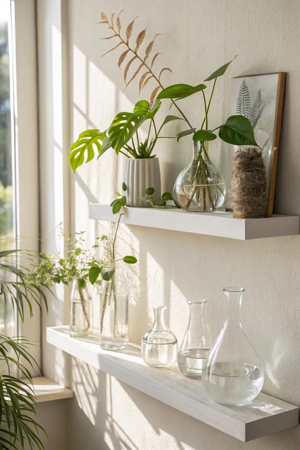 Transform your space with a chic floating shelf garden – a perfect blend of Scandinavian simplicity and Boho elegance.
