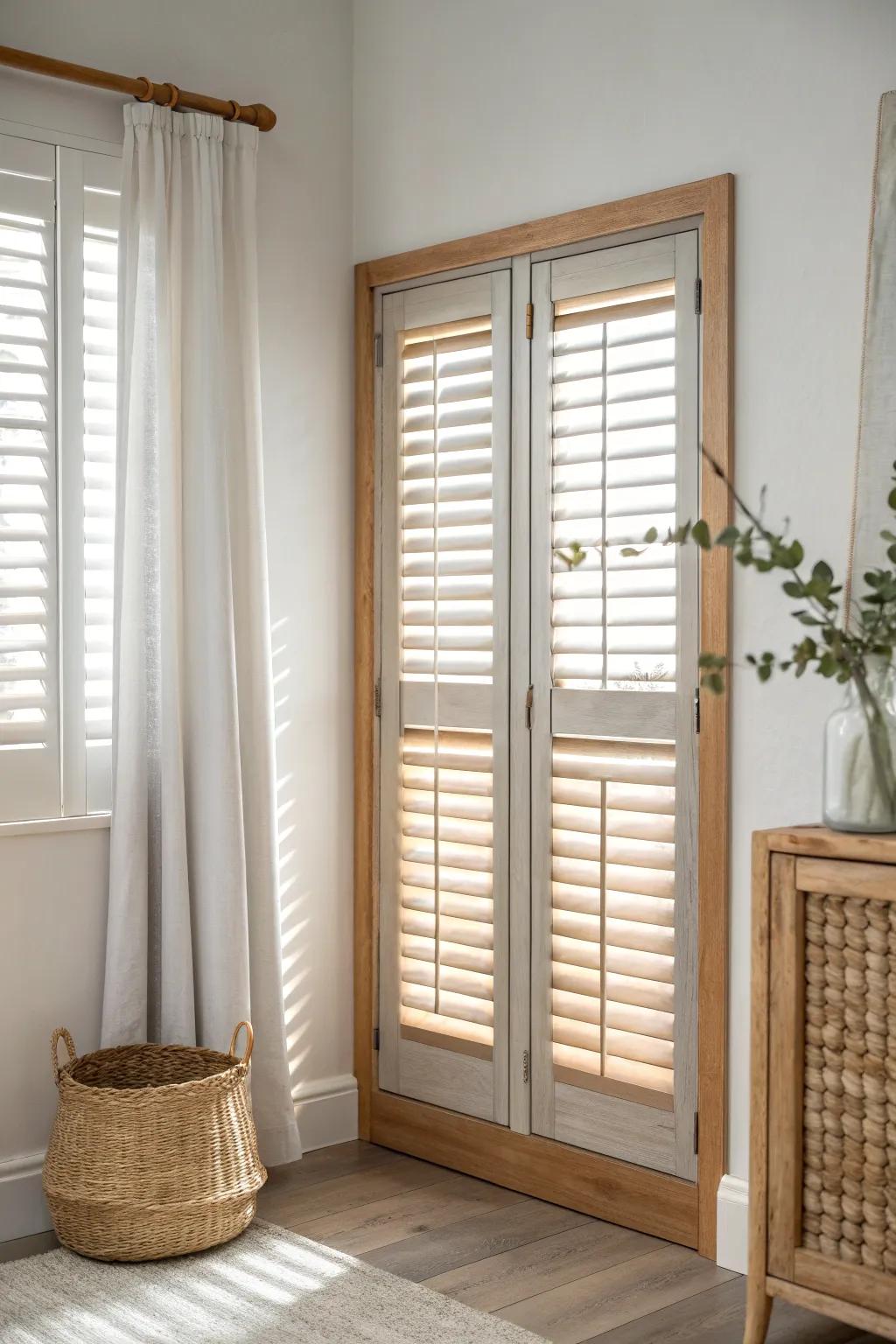 Two-tone plantation shutters: soft frame, brighter louvers—quiet depth with a handcrafted feel.