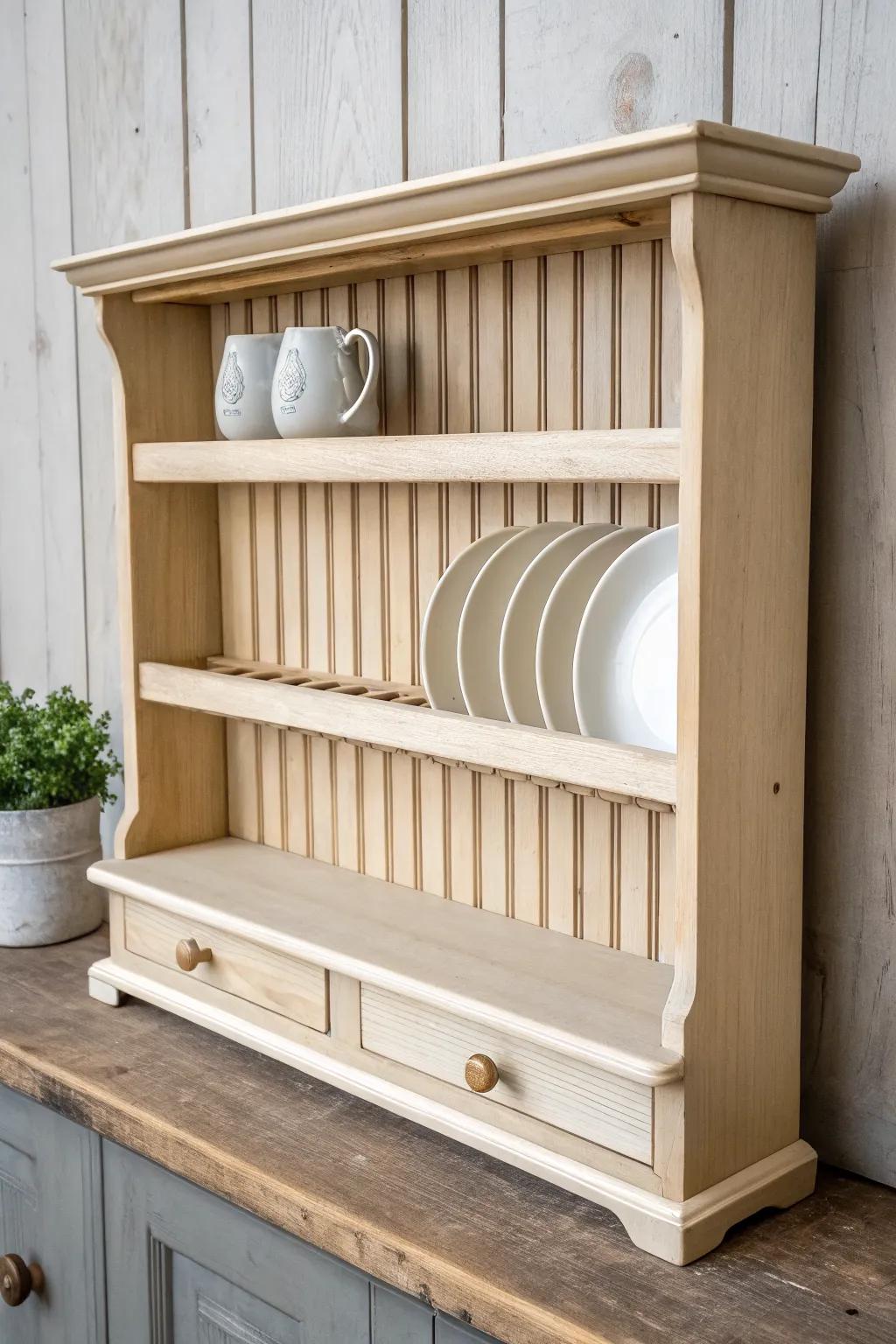 Beadboard-backed plate rack for extra texture—simple, bright, and beautifully handmade.