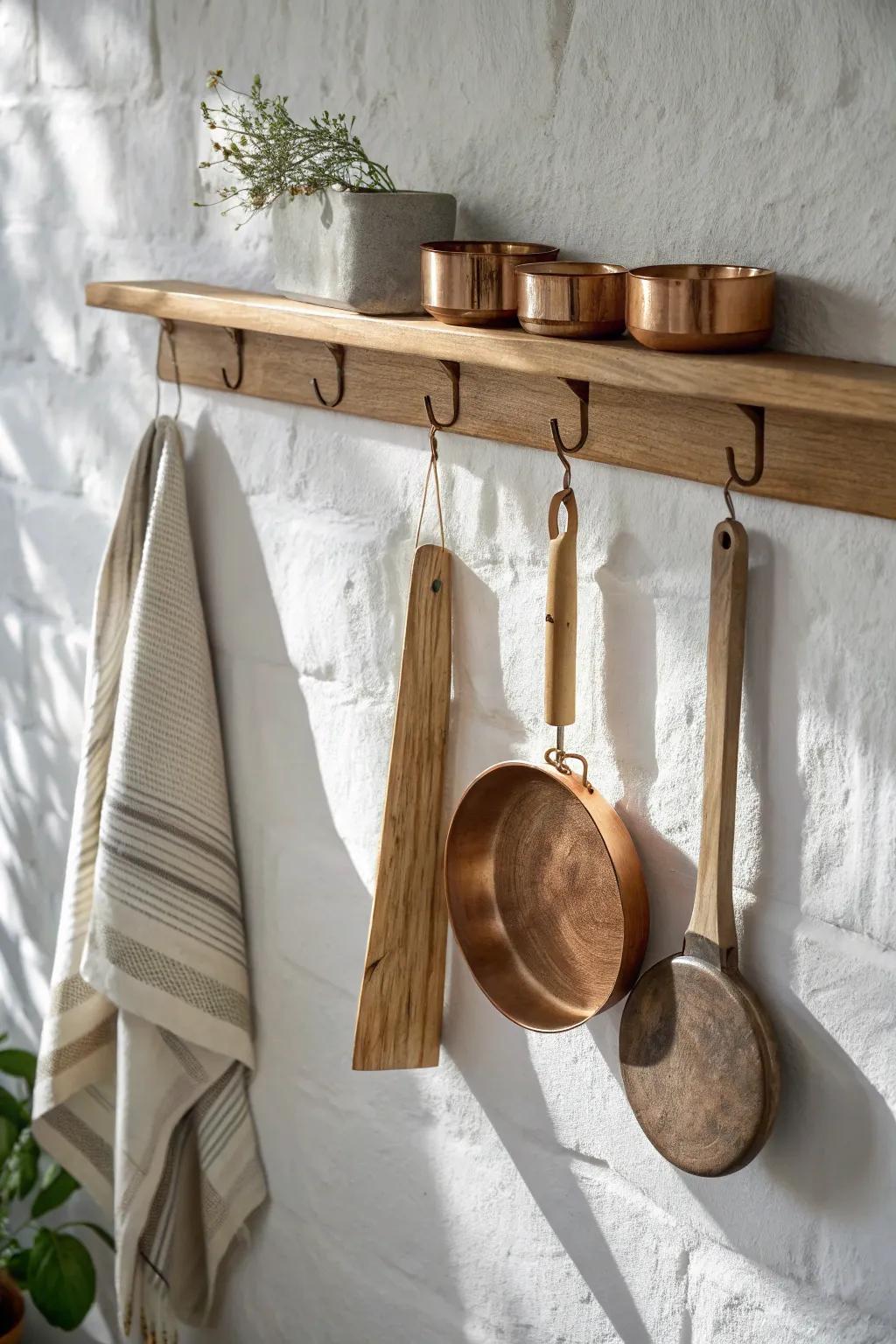 Oak plate rail with brass hooks—copper pans and tools for a warm, hardworking kitchen look.