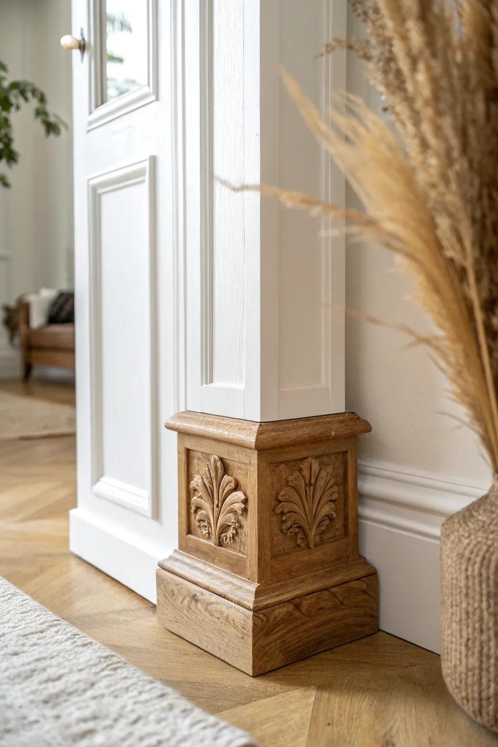 Vintage carved plinth block with a recessed detail—an easy upgrade that makes trim feel special.