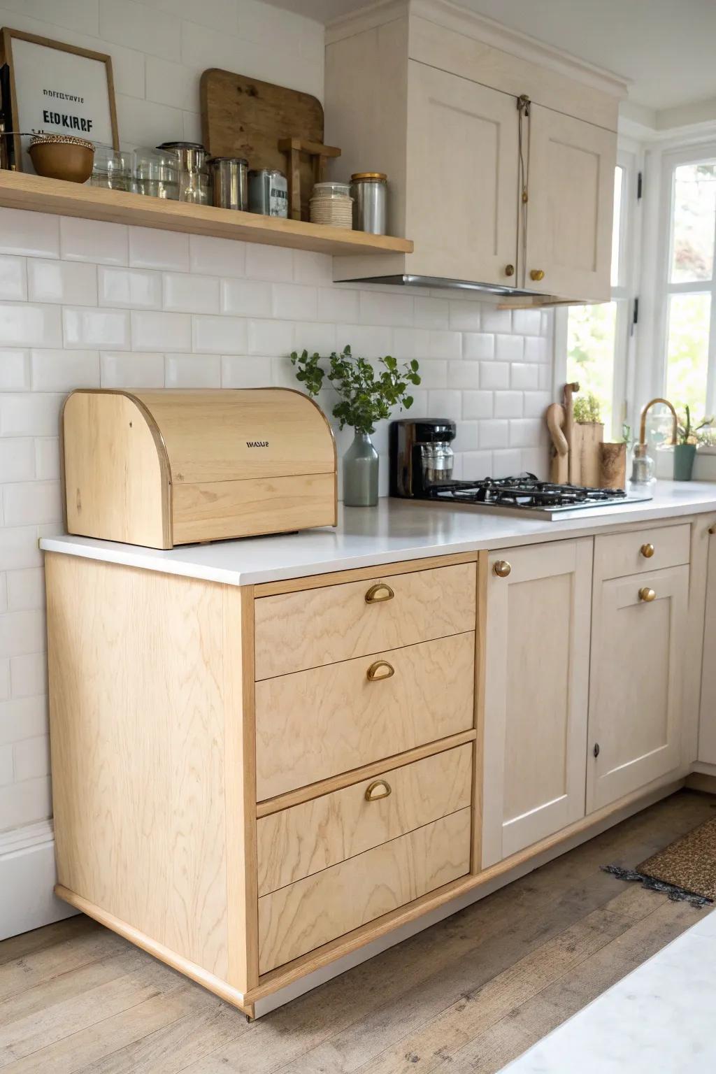 Plywood appliance garage with lift-up door—hide daily clutter for a calm, minimal countertop.