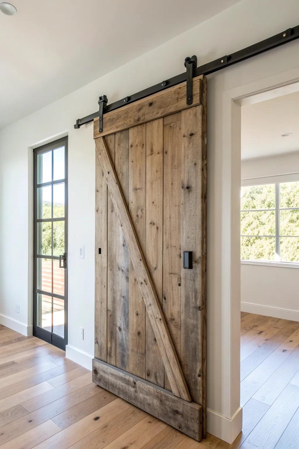 Reclaimed plank sliding door on a matte-black rail—rustic texture with Scandinavian calm.