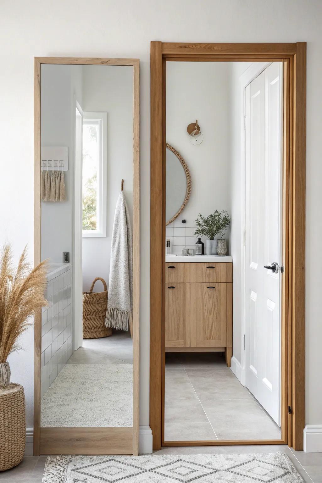 A mirrored pocket door adds a full-length mirror while keeping your bathroom walls open and bright.