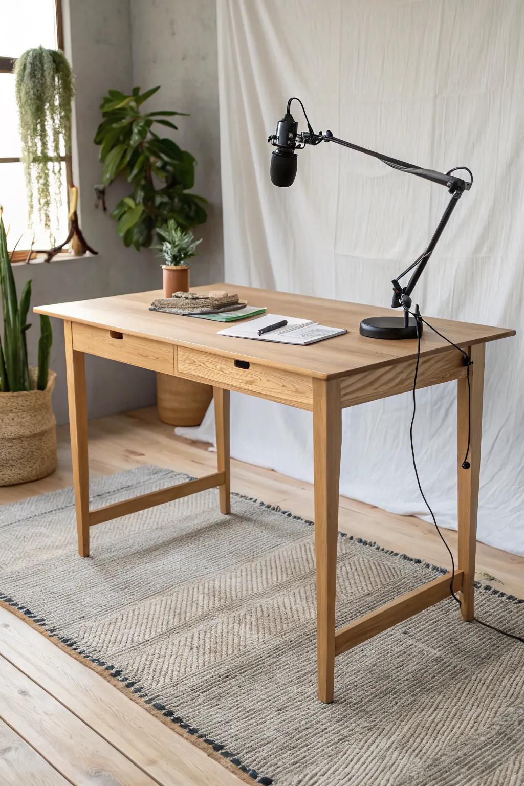 Fold-out guest leaf extension: extra seat or gear space—rock-solid even with a mic arm clamp.