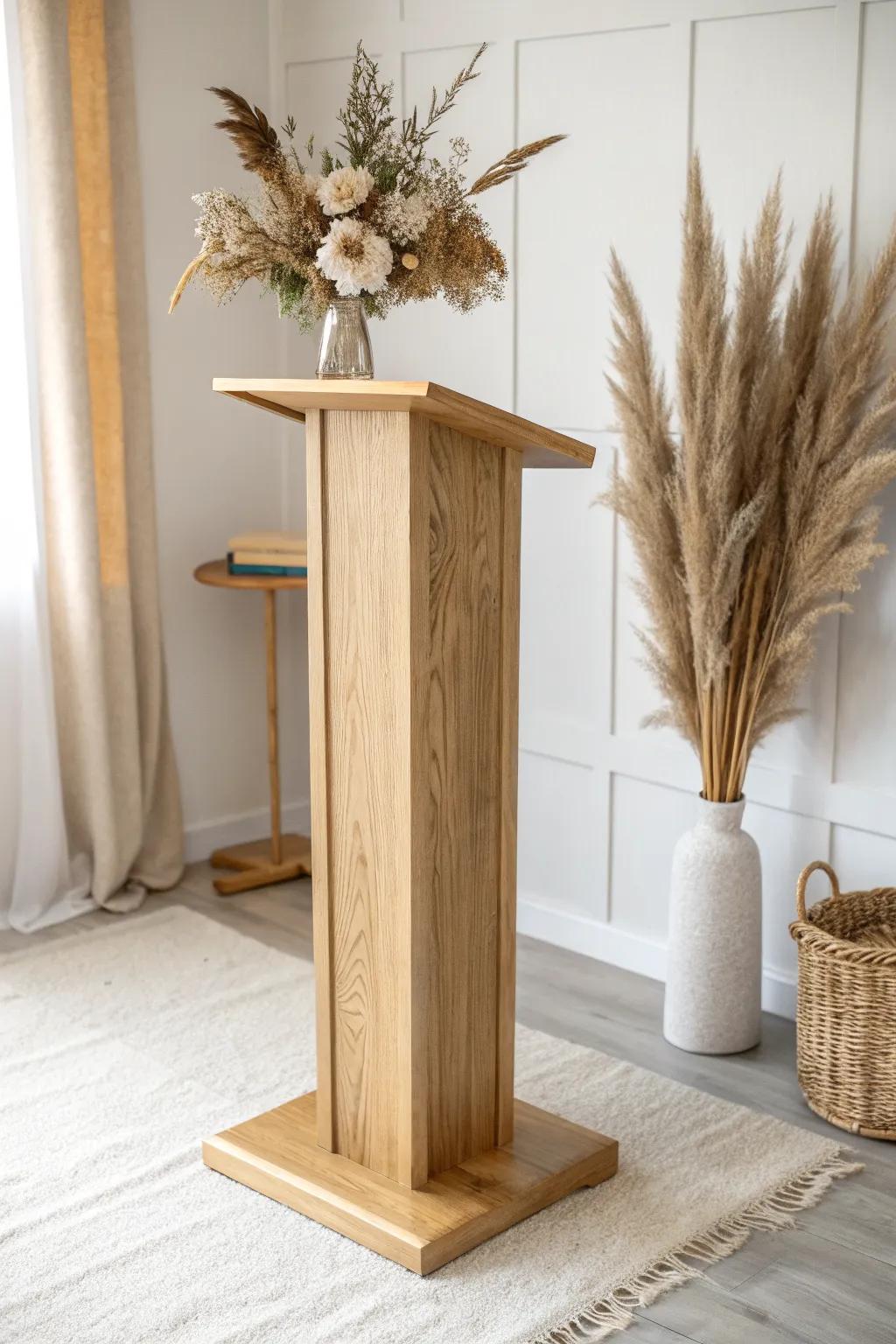 Sculptural dried grasses on a tiny wood base—timeless podium decor with Nordic calm.