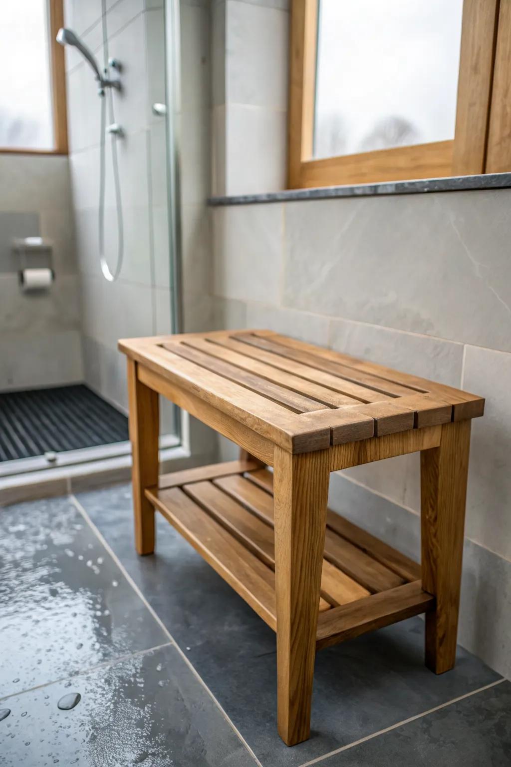 A warm wood shower bench brings Scandinavian calm to an all-over wet room pole barn bath.