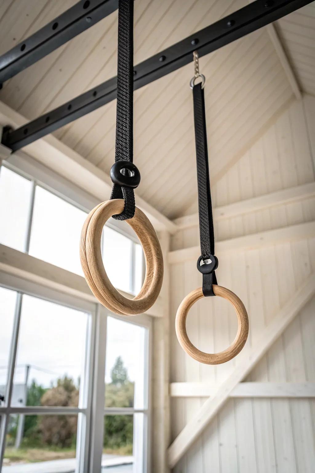 Ceiling anchors + rings that shift stations fast—clean, flexible rigging for a pole barn gym.