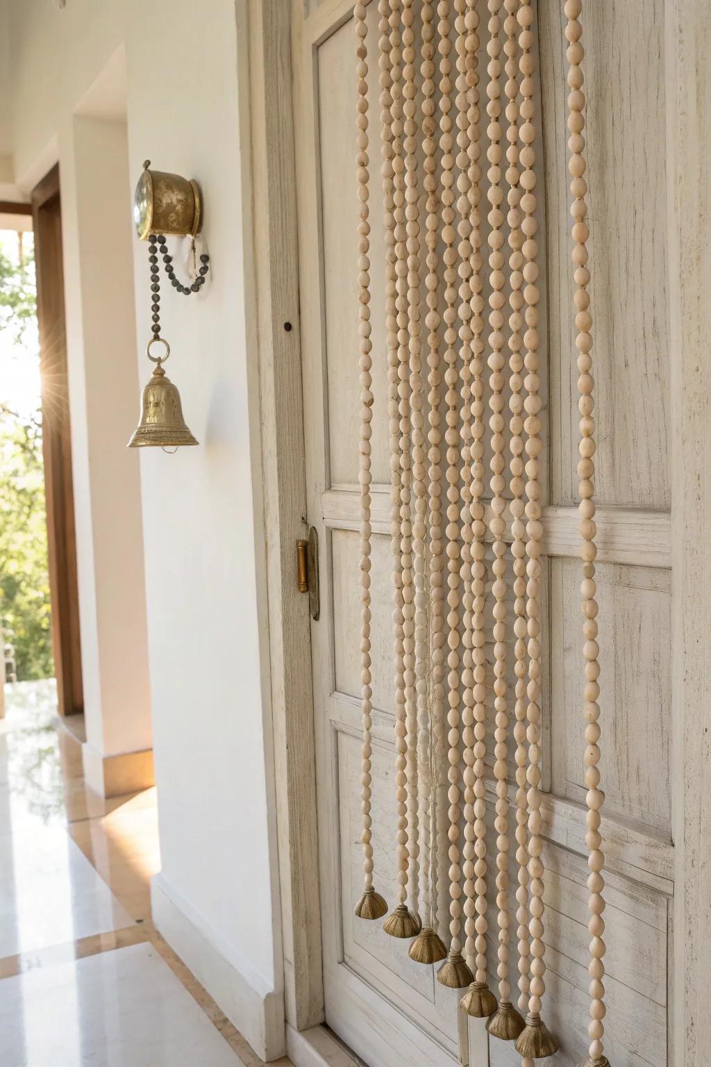 Hand-strung wood beads with tiny bells—gentle movement and warmth at the pooja room entry.
