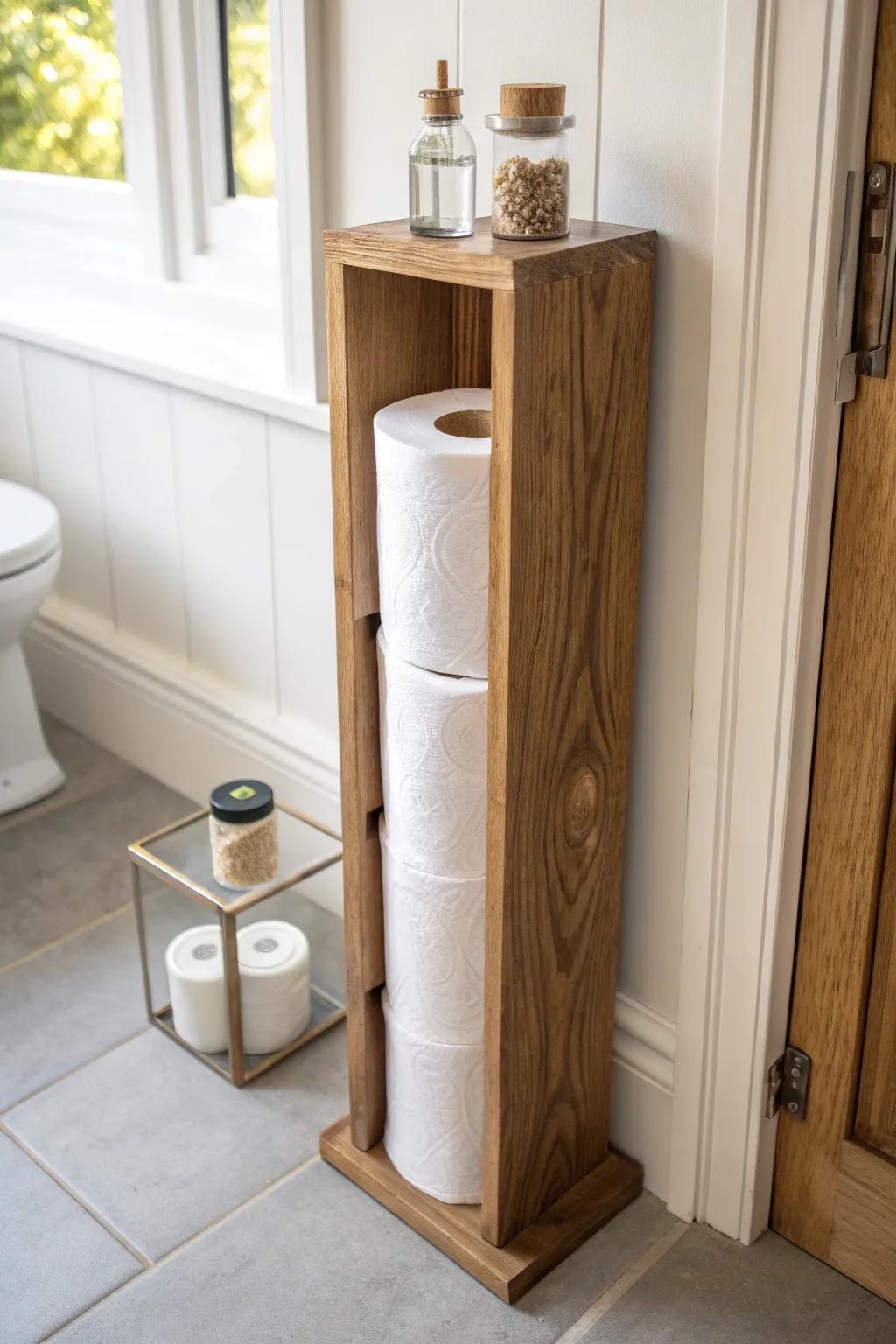 A slim handmade tower stores extra rolls neatly, plus a tiny ledge for matches or your phone.