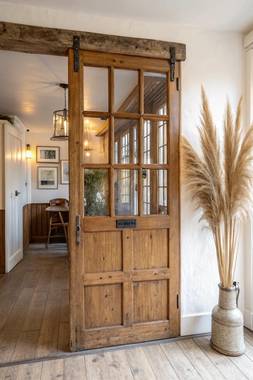 Upcycled solid-wood door divider with glass panels—instant pub intrigue, airy and handcrafted.