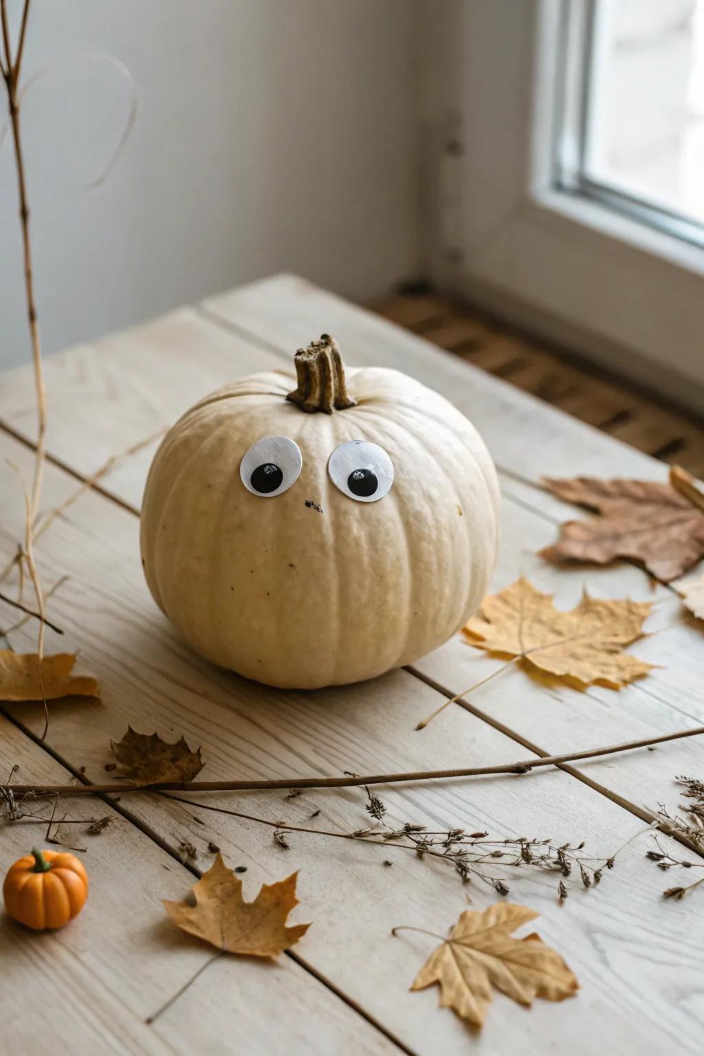 Embrace the playful side of nature with this charming pumpkin creation, blending simplicity and whimsy.
