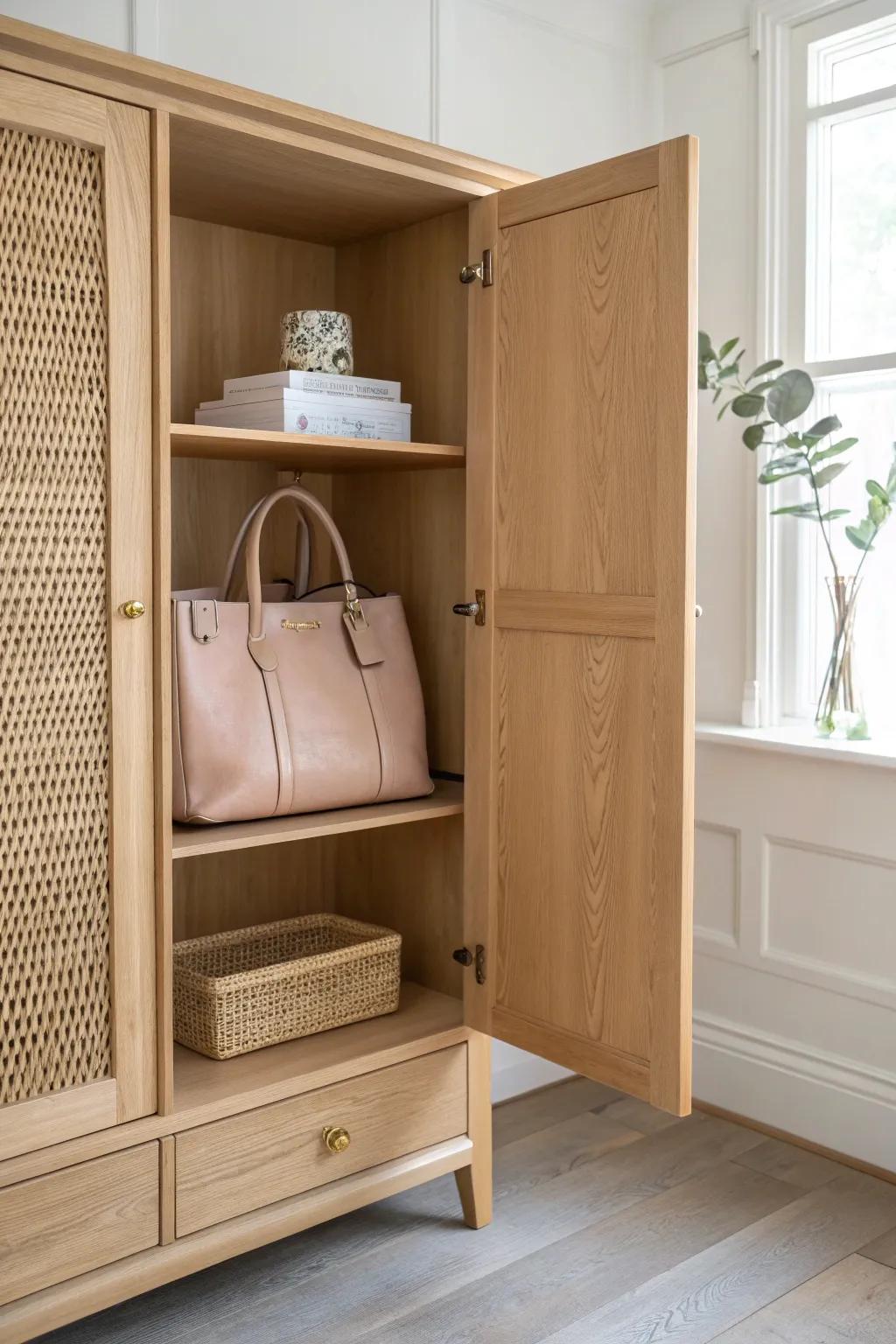 Cabinet-style purse shelves: dust-free storage with a calm, minimalist wood look.