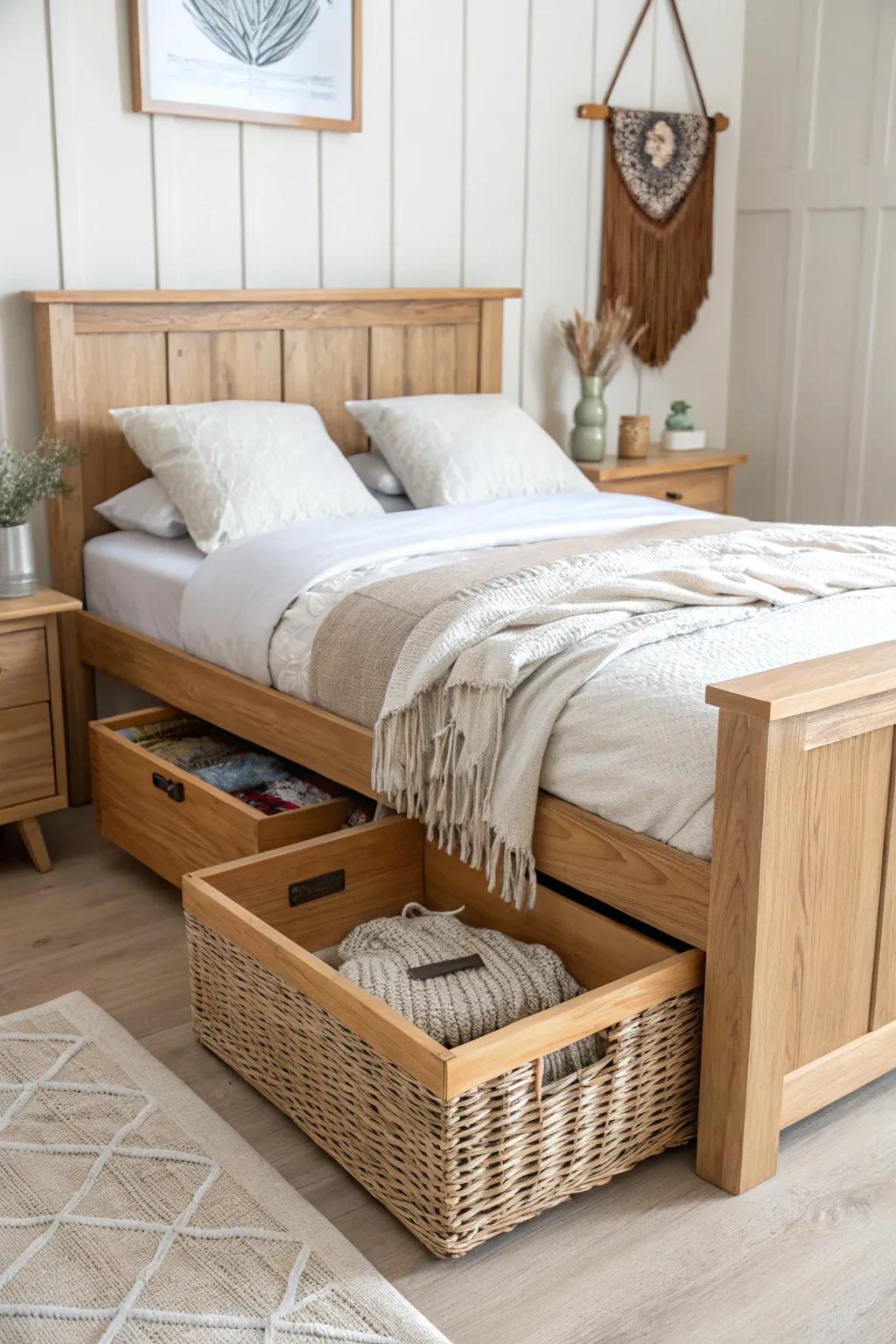 A pull-out hamper drawer built into the bed keeps laundry hidden and the floor clutter-free.
