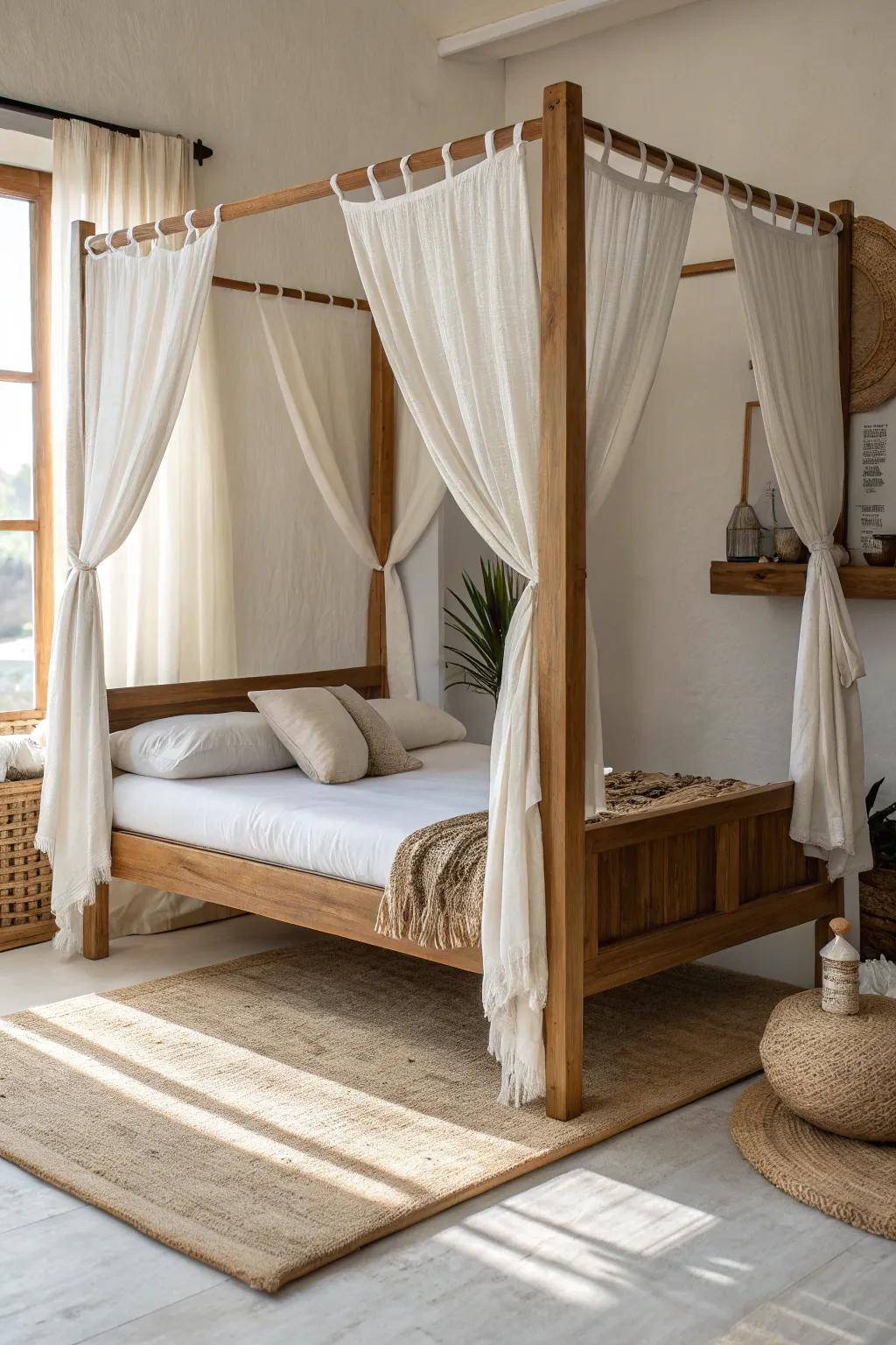 Simple oak canopy posts and airy linen curtains turn a queen daybed into a cozy hideaway.