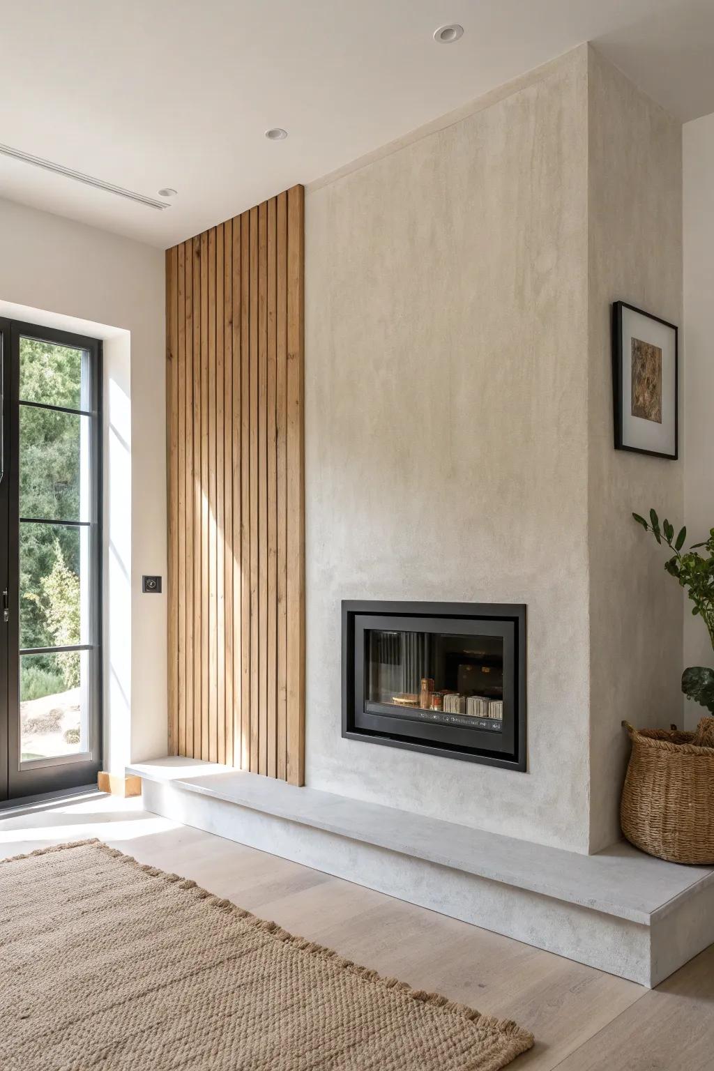 A no-hearth raised fireplace made to float—clean oak details and a crisp shadow gap.