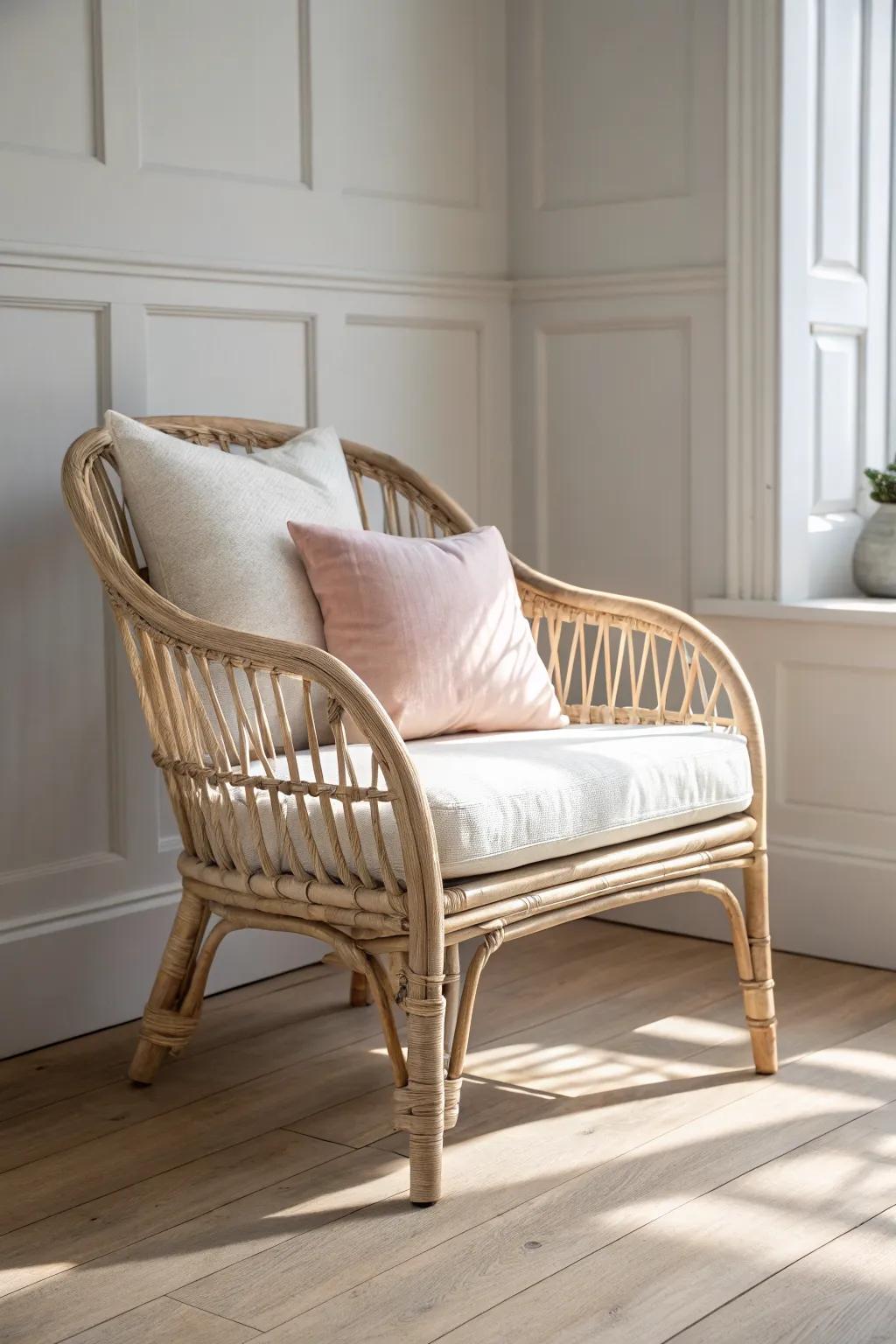 Whitewashed rattan chair + fresh linen cushions—airy texture that instantly lifts your living room.
