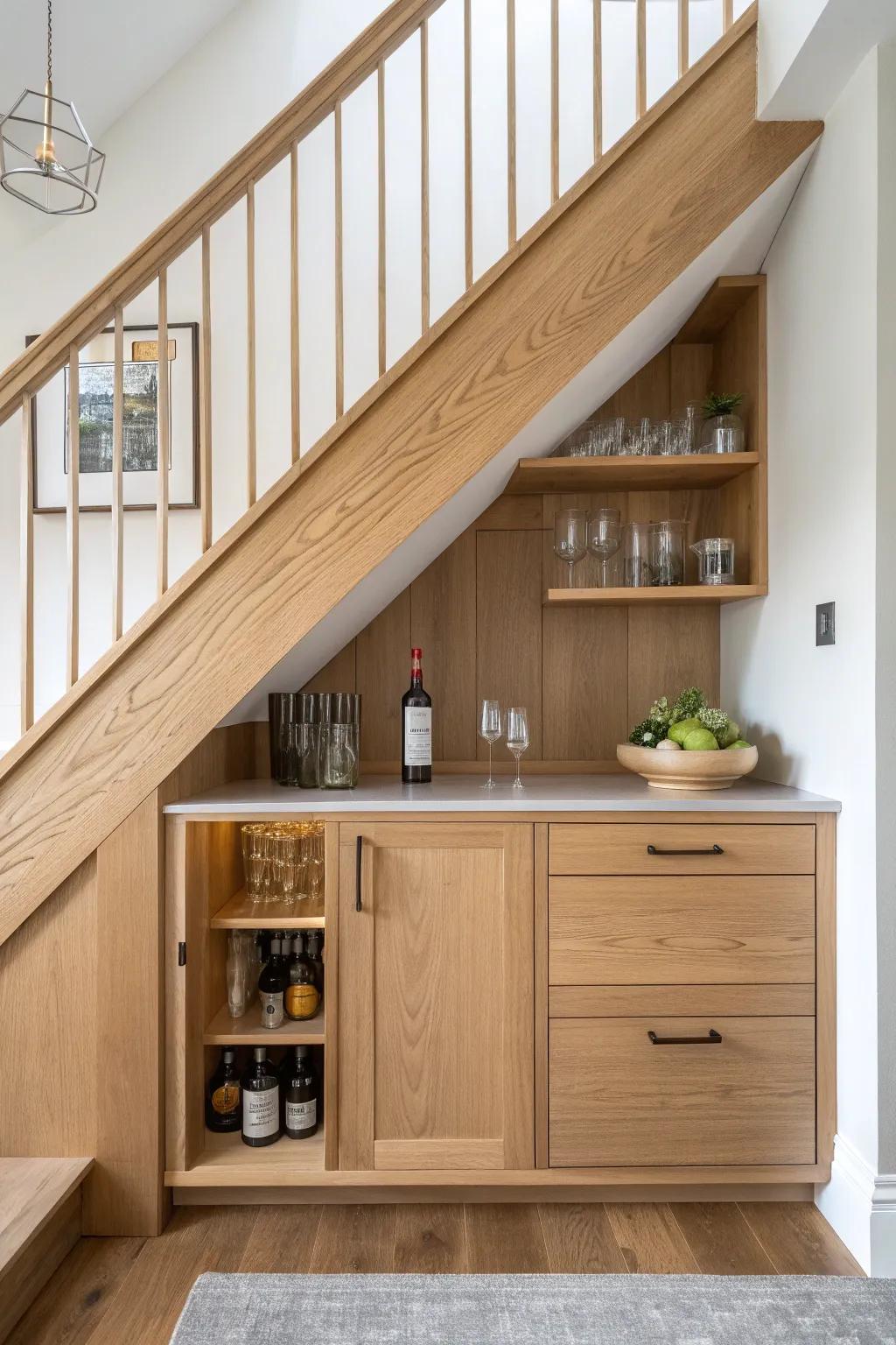 Hidden under-stairs bar nook with angled oak shelving—minimal, cozy, and custom-built.