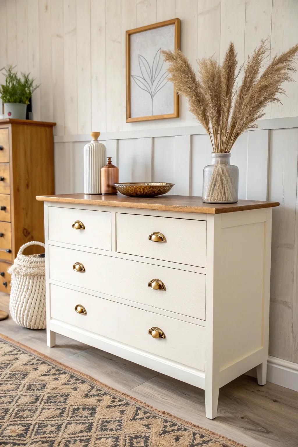 Upcycled dresser reception console with an oak top—minimal, warm, and storage-smart.