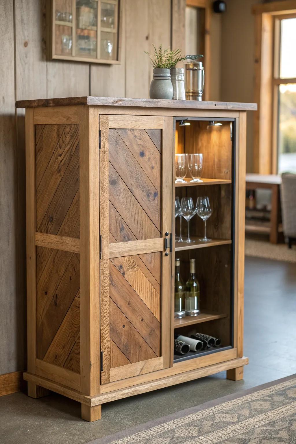 A petite reclaimed wood bar cabinet with bottle cubbies—nail lines and grain beautifully highlighted.