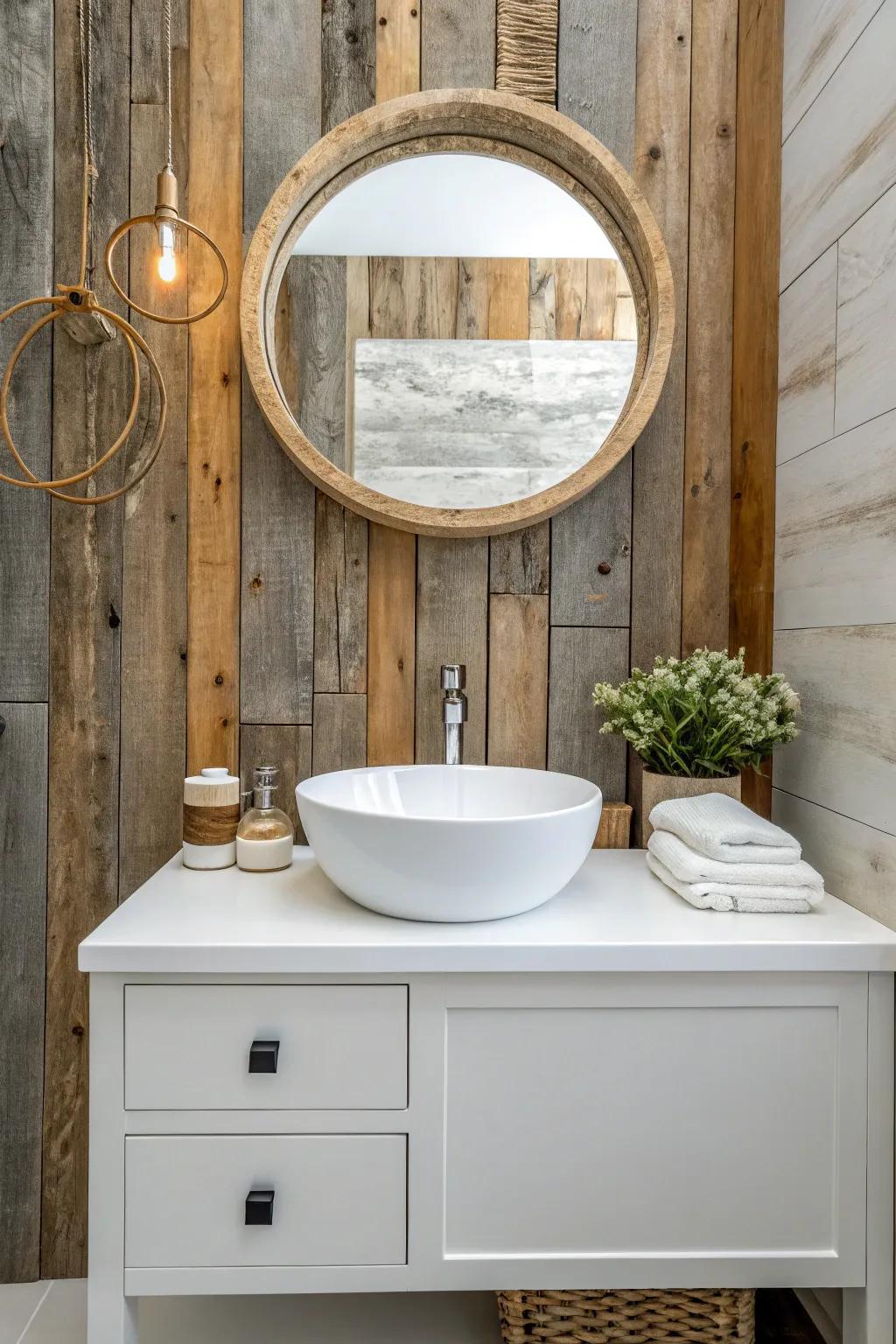 Reclaimed wood vanity backdrop: warm patina meets crisp white fixtures for a spa-like feel.