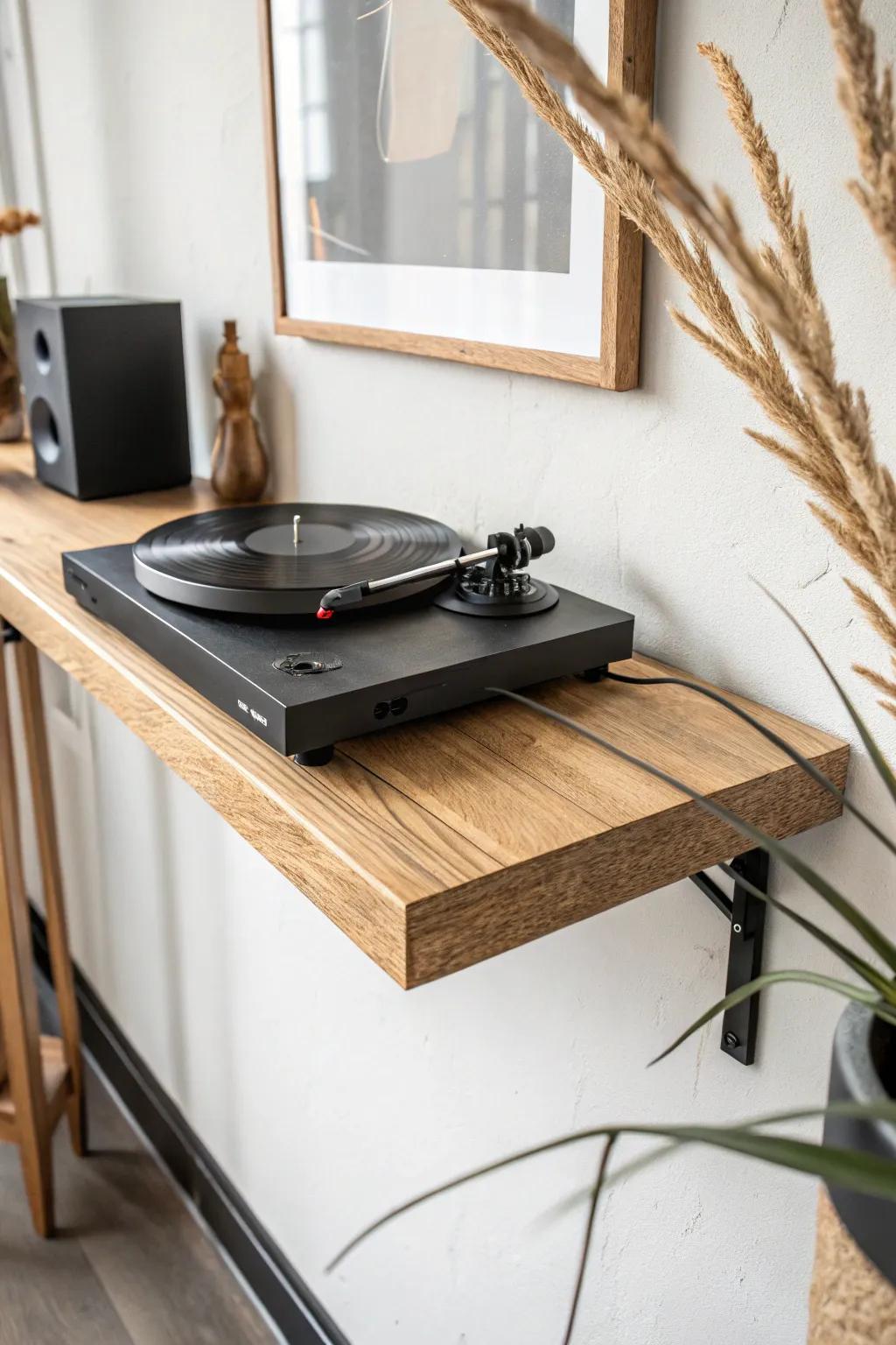 Airy floating wall shelf for your turntable—minimal oak, strong support, pure Scandi vibe.
