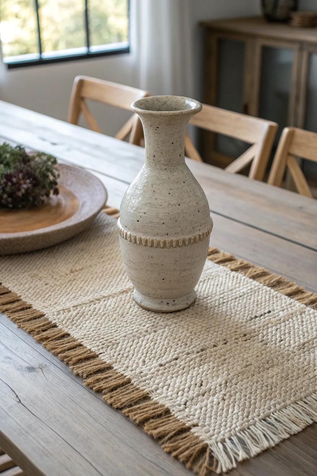A textured linen runner and one matte clay vase—simple, cozy decor for a rectangular table.