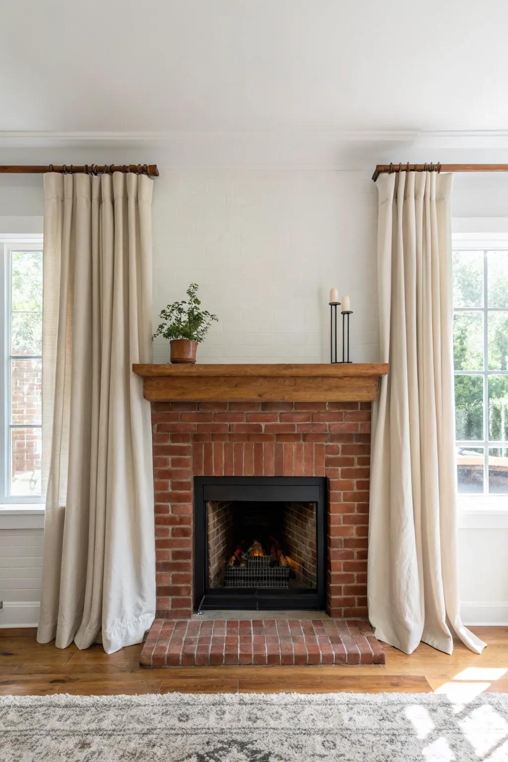 Neutral linen drapes soften a red brick fireplace, making it a calm, crafted focal wall.