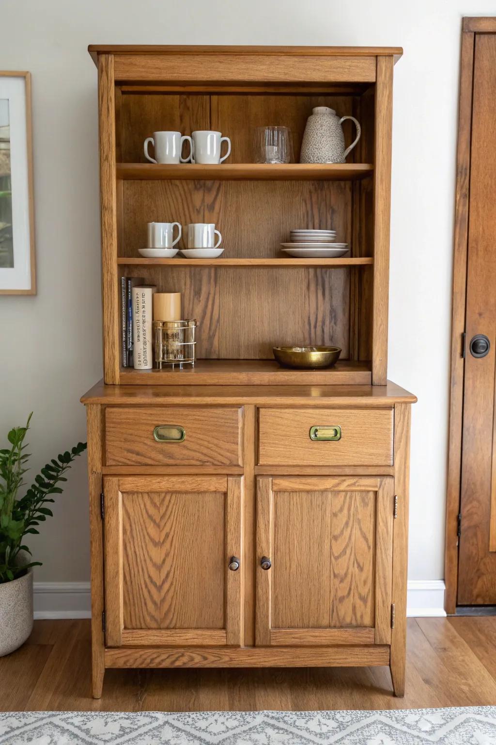 Redo a china cabinet into a serene coffee station—mugs up top, supplies below, sealed for spills.