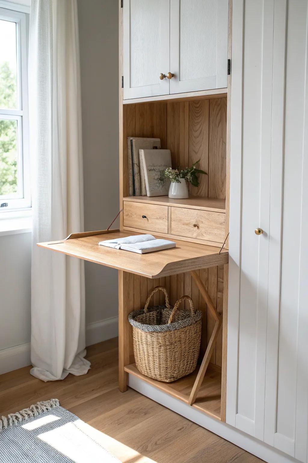 Turn a doorless closet into a fold-down craft station—warm oak, brass, and calm minimal style.