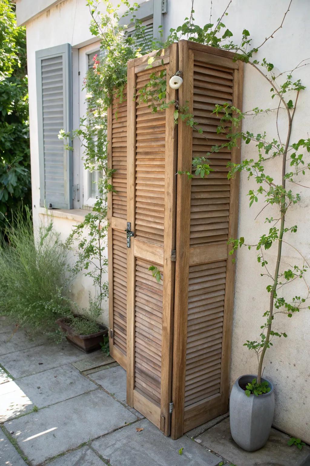 Turn a louvered closet door into a trellis privacy panel—pretty, practical, and plant-ready.