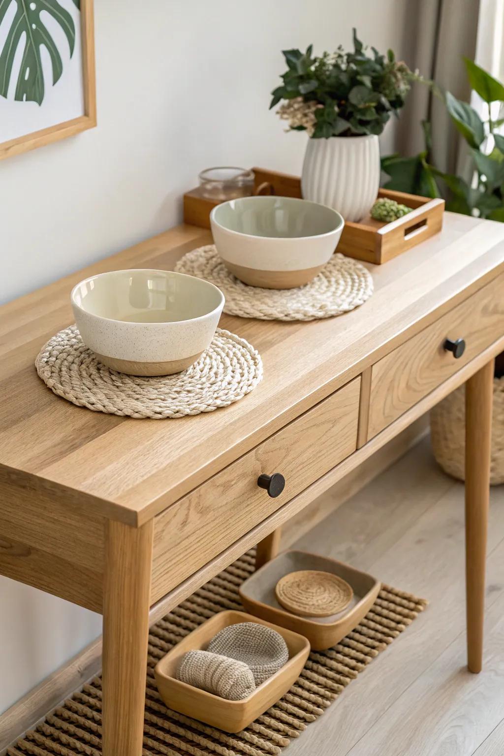 Transform your space with a stylish pet feeding station that blends minimalist elegance with Boho flair.