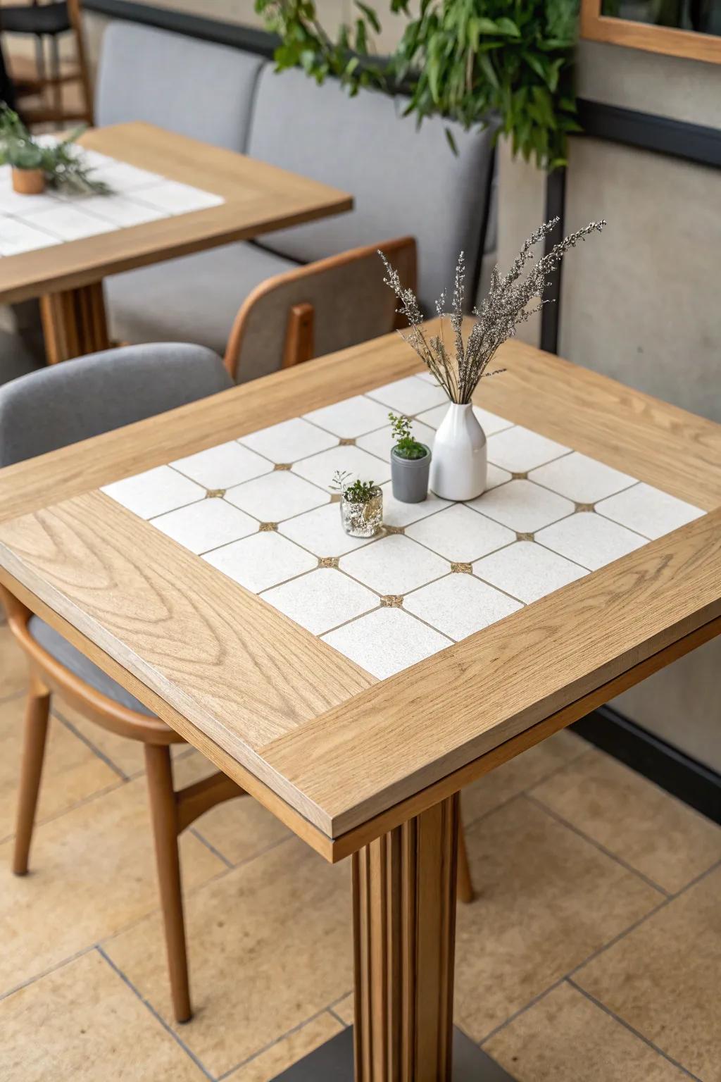 Warm oak table with a matte tile inlay—wipe-clean center with timeless, crafted style.