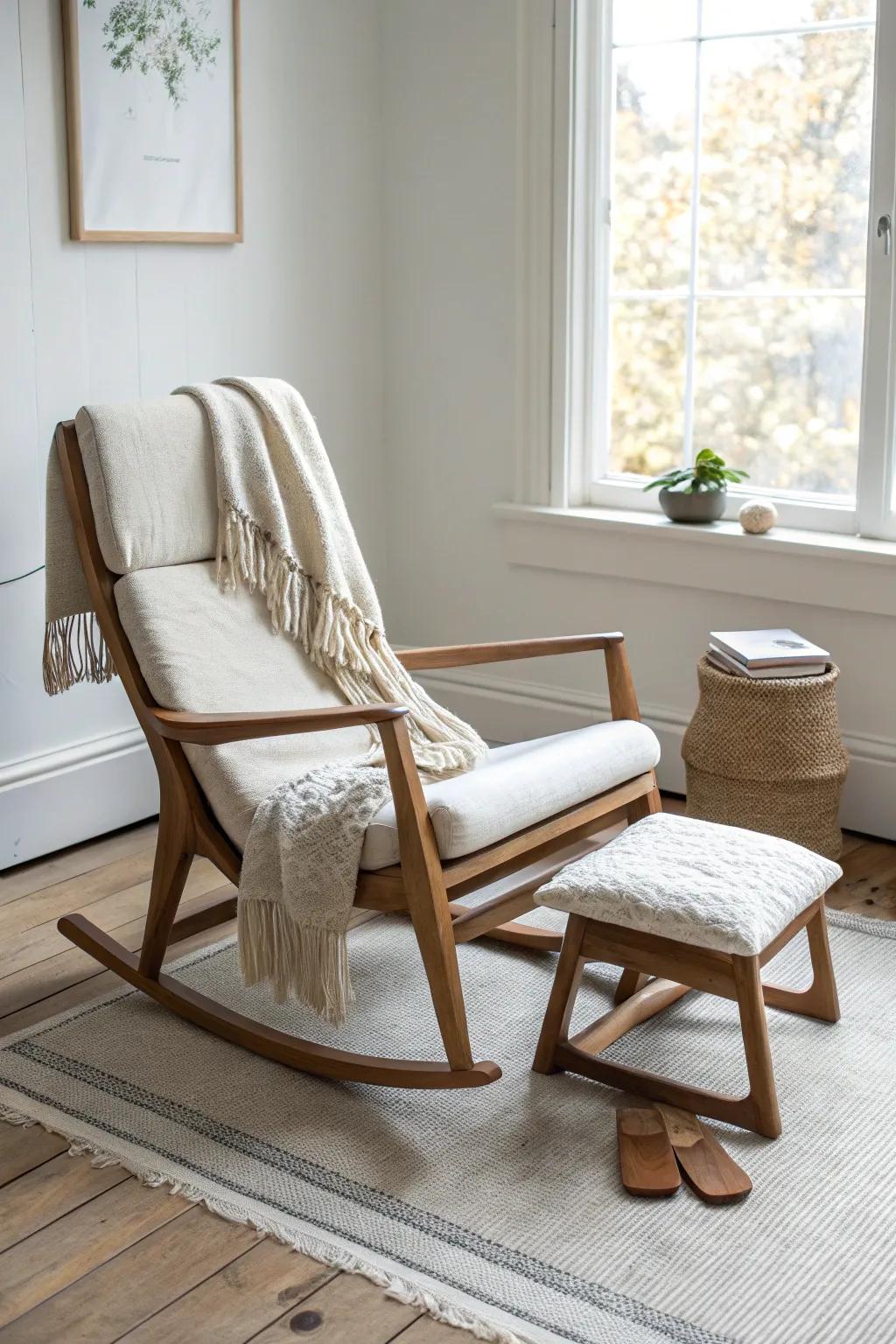 Rocking chair + matching footstool: a cozy, handcrafted duo that looks like a set.
