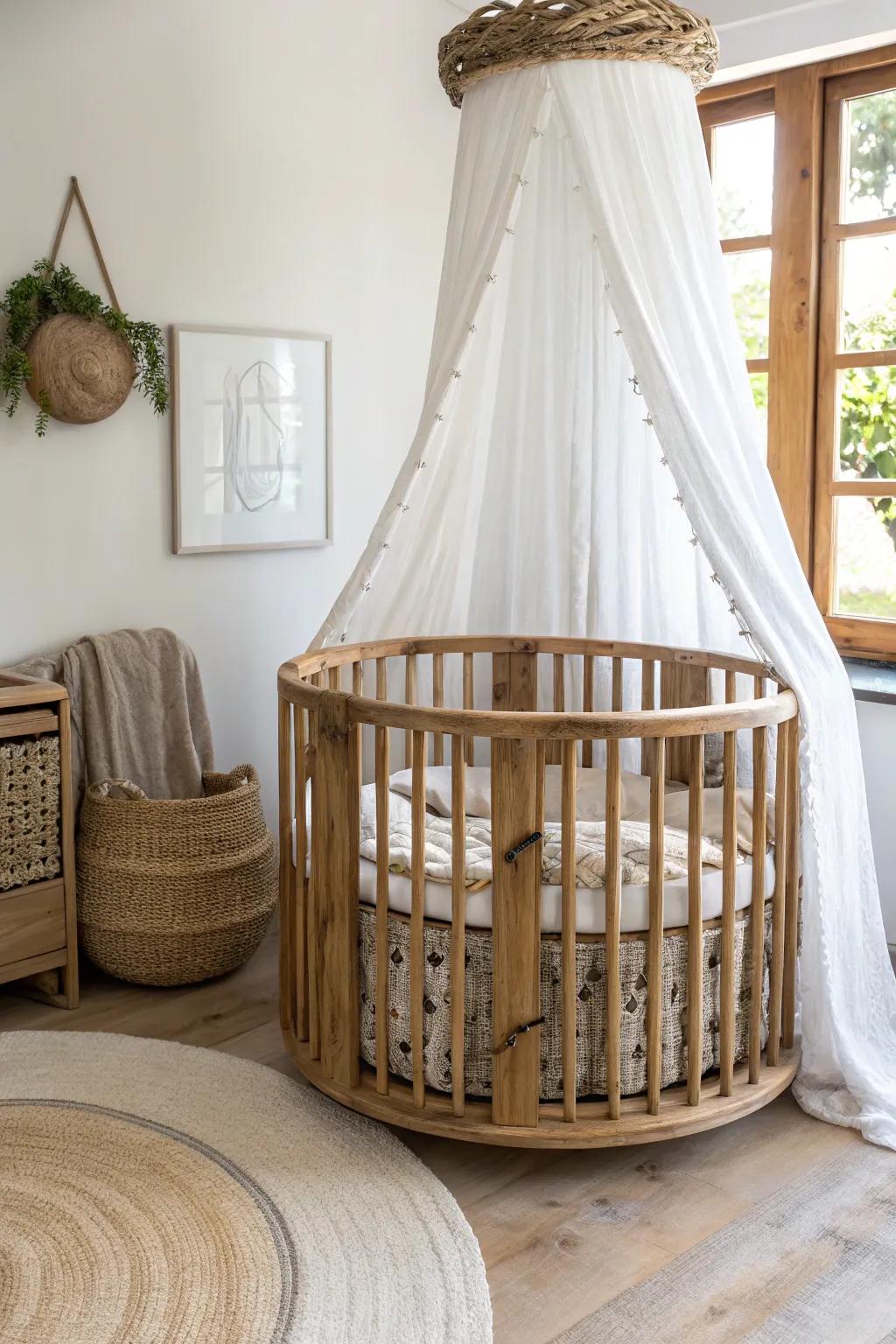 Round crib wrapped in reclaimed wood slats—warm, minimal, and beautifully collected over time.