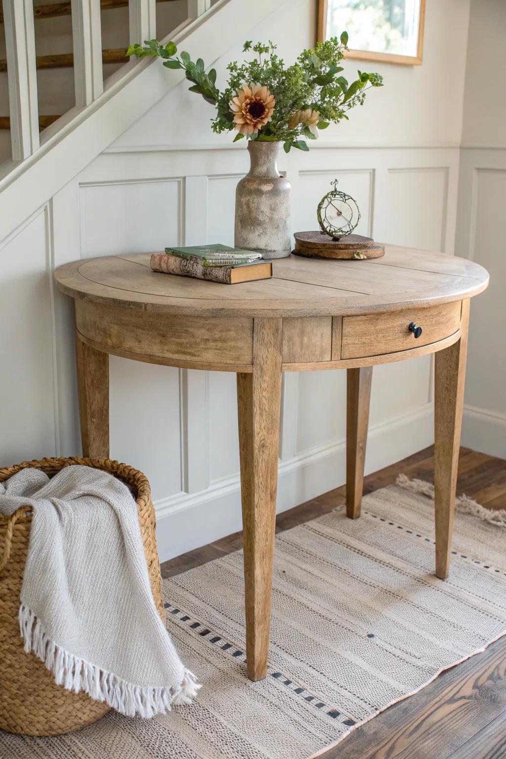A reclaimed round entryway table with visible repairs—nail holes, patches, and warm epoxy scars.