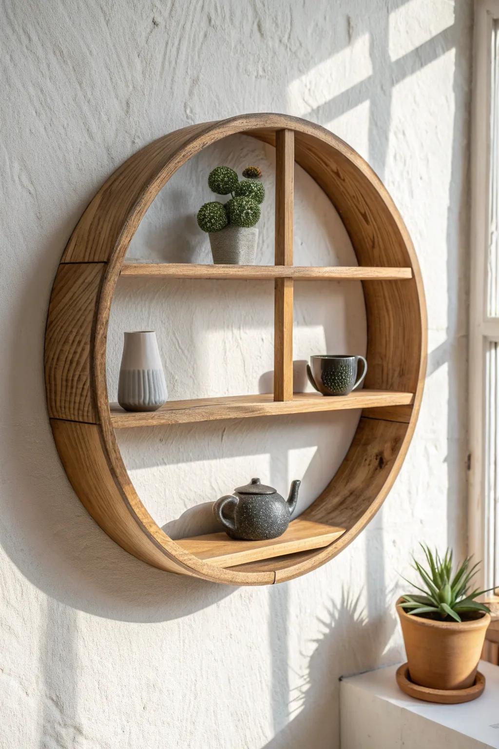 Zen round shelf styling: handcrafted wood circle with stoneware tea set and a tiny plant.
