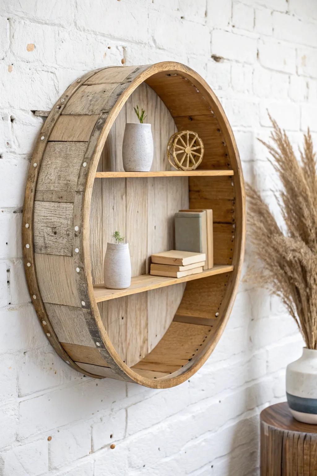Upcycled drum shell turned into a round wall shelf—minimal, warm, and full of character.