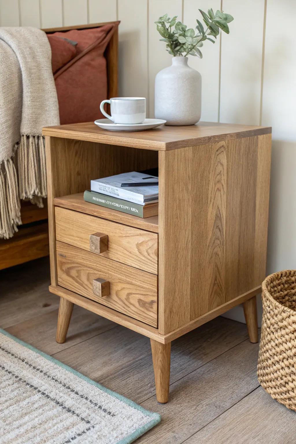 His-and-hers cubby nightstand keeps books and chargers tidy—rustic calm with clean lines.