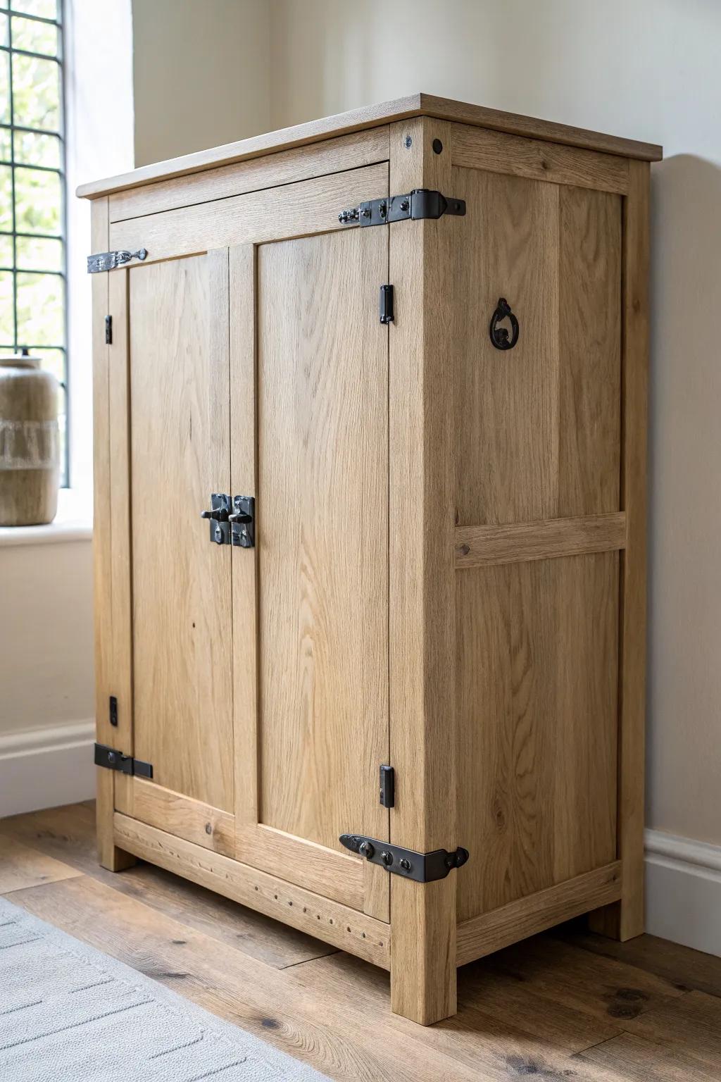 Chunky iron corner brackets turn a simple rustic cabinet into a sturdy, crafted statement piece.