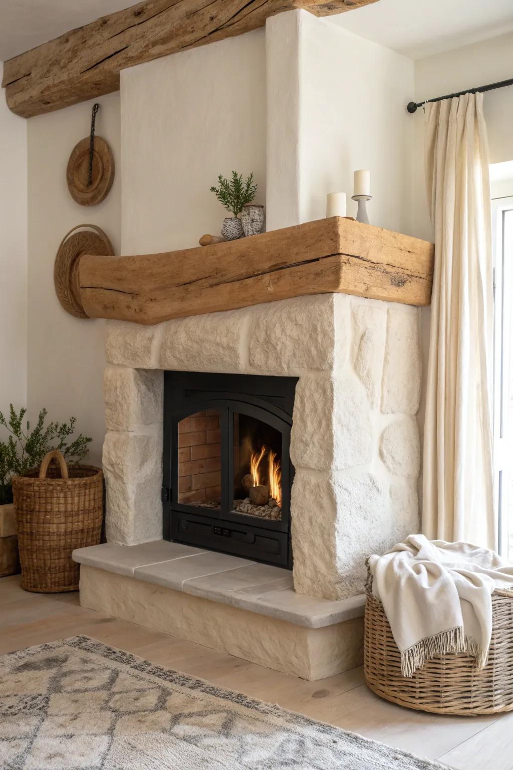A rustic corner fireplace crowned with a one-of-a-kind live-edge mantel—warm, clean, and serene.