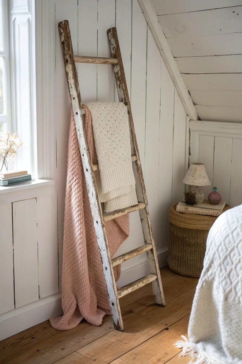 A repurposed ladder blanket rack adds rustic warmth and effortless country charm.