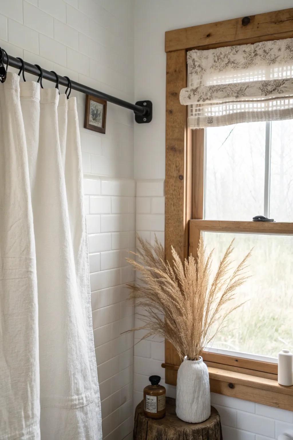 Chipped ladder rung turned curtain rod—small-space rustic charm with airy linen softness.