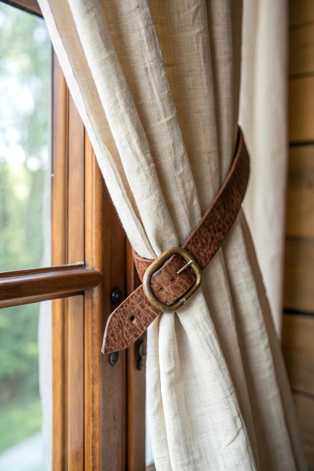 Upcycled leather belt tie back—rustic patina, adjustable buckle, and cozy linen texture.