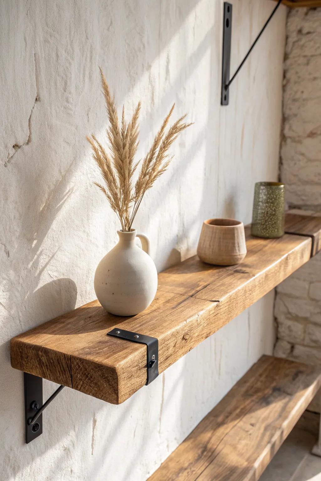 Reclaimed wood shelf + black metal brackets for a modern rustic den with warm contrast.