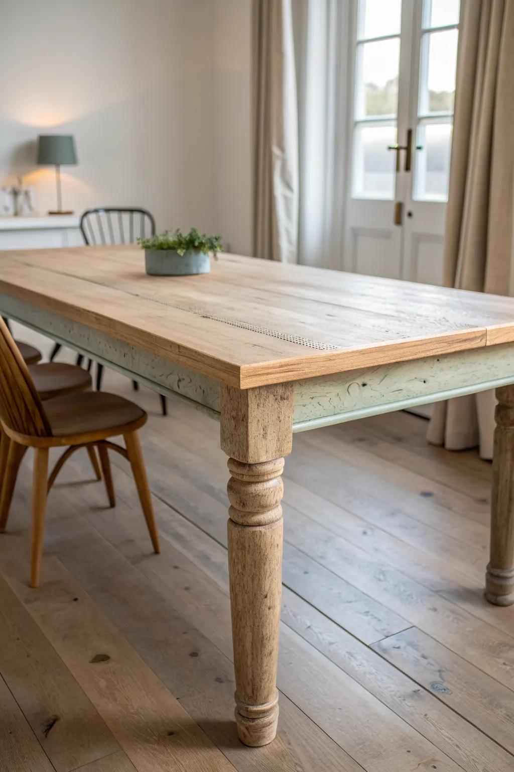 A rustic farmhouse table with a hidden dusty-sage underside—subtle color pop in the light.